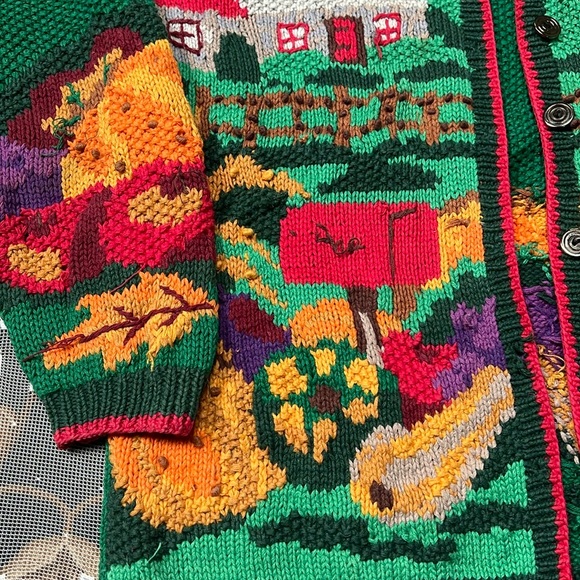 Colorful Farmhouse Scene Sweater Vintage 80โs Hand Knit Cardigan Bay - Picture 6 of 11